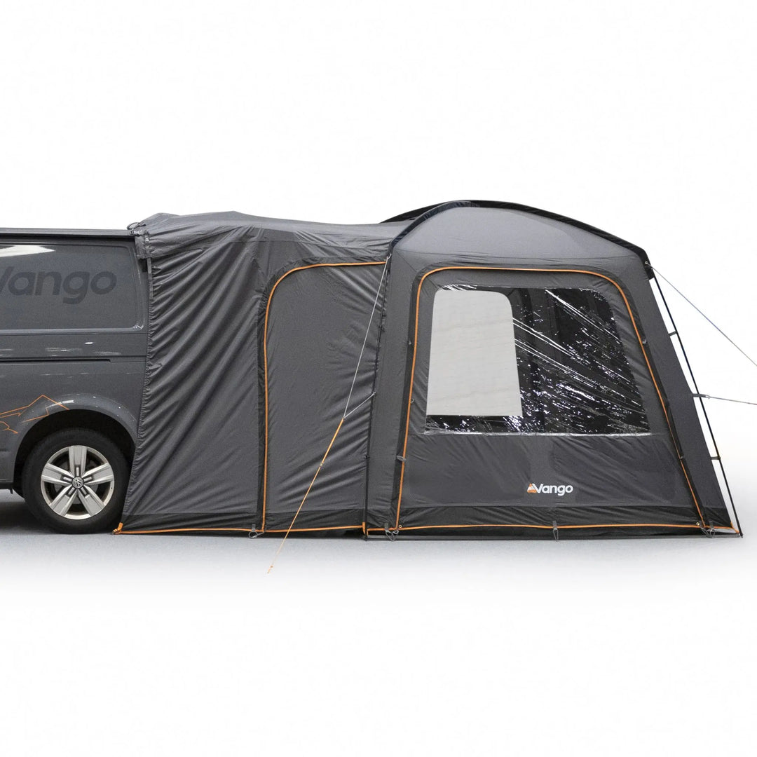 Front view of the Vango Tailgate Hub II Low Awning with open closed, demonstrating its accessibility features for campervans or cars.