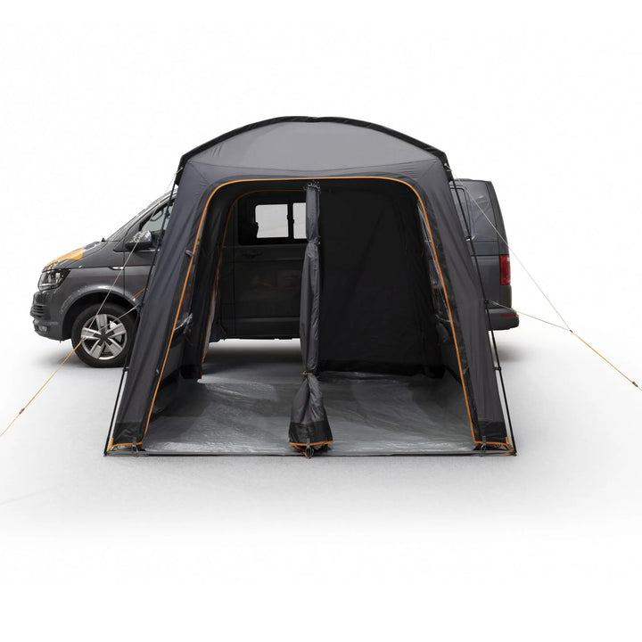 Front perspective of the Vango Tailgate Hub II Low Awning with open doors, highlighting the secondary doors.