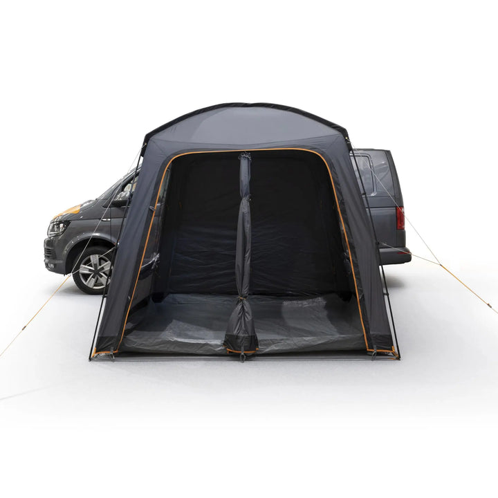 Front view of the Vango Tailgate Hub II Low Awning with open doors, demonstrating its ventilation and accessibility features for campervans or cars.