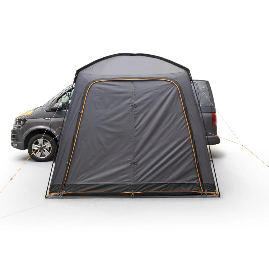 Front perspective of the Vango Tailgate Hub II Low Awning with closed doors, highlighting privacy and weather resistance for tailgate vehicles.