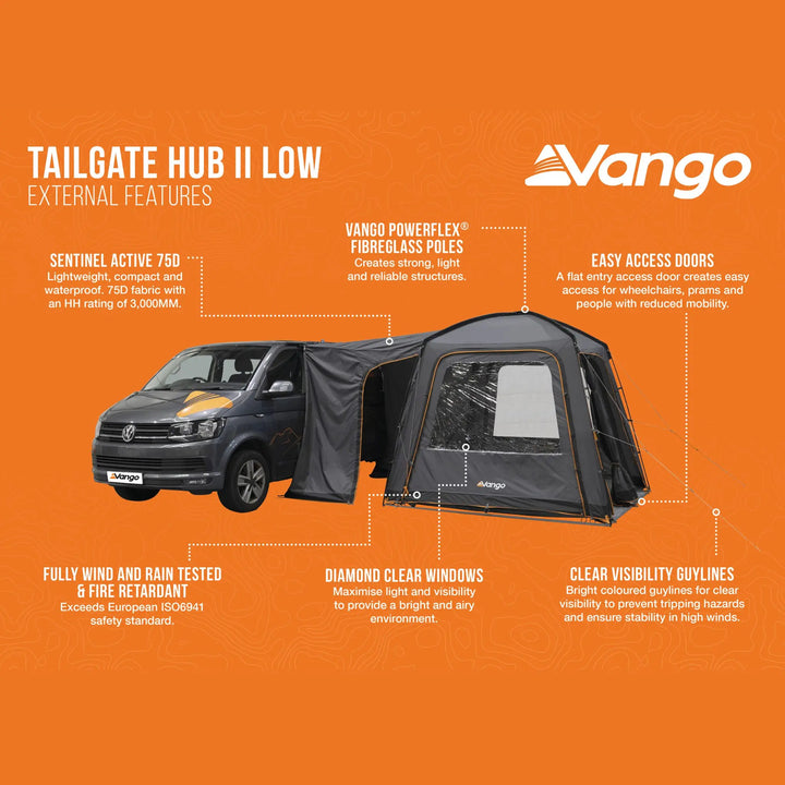 Vango Tailgate Hub II Low awning external features infographic, highlighting its Sentinel Active 75D fabric and PowerFlex® fibreglass poles for lightweight and durable support.