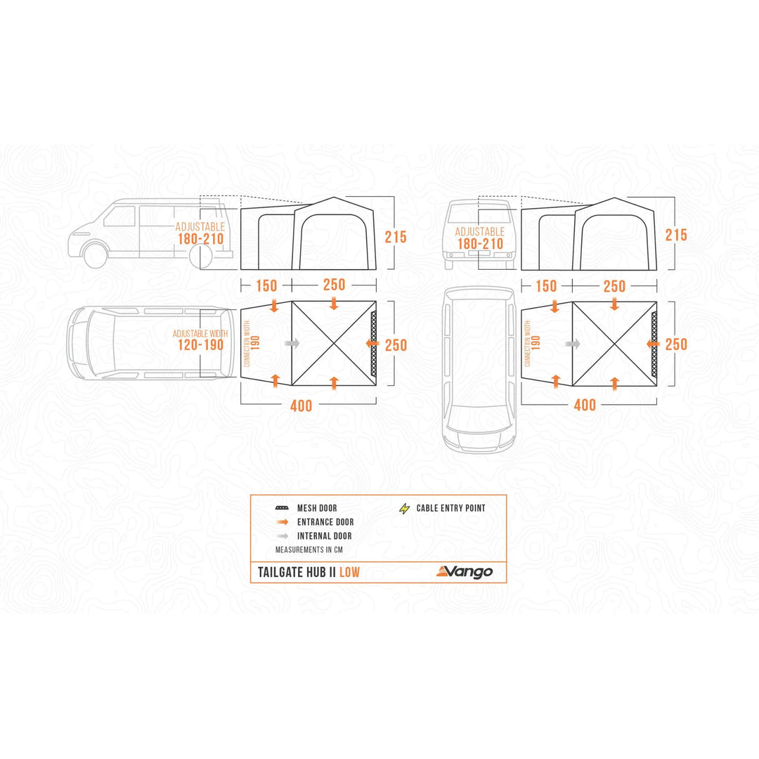 Detailed floorplan of the Vango Tailgate Hub II Low awning, showing dimensions and layout for compatibility with tailgate campervans and cars.