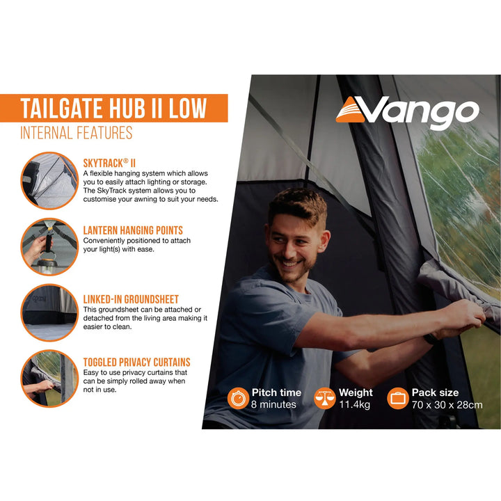 Vango Tailgate Hub II Low awning internal features, including SkyTrack® II hanging system, lantern hanging points, linked-in groundsheet, and toggled privacy curtains.