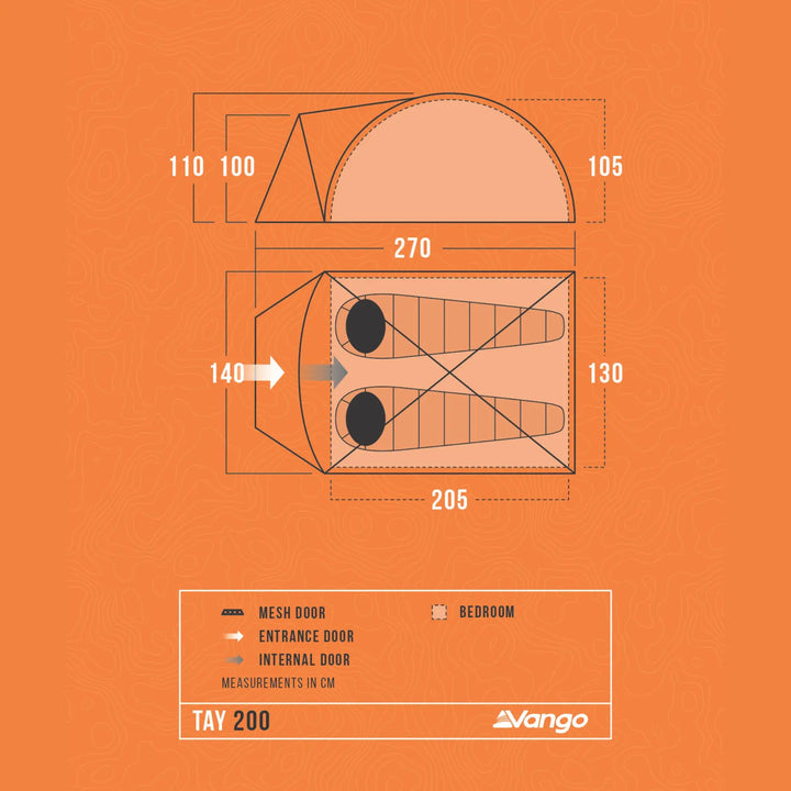 Illustration of the Vango Tay 200 Tent Green with dimensions on an orange background, featuring the Vango brand.