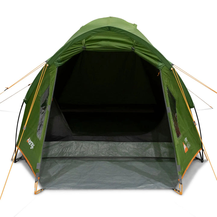 Front view of the Vango Tay 200 Tent Green with its inner tent door open