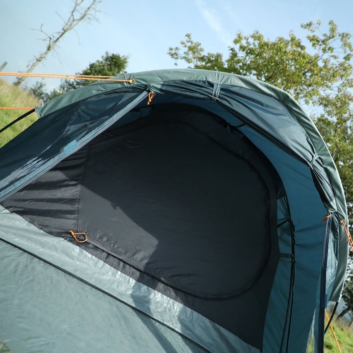 Interior view of the Vango Tay 400 tent showcasing the spacious bedroom area designed for 4 people, suitable for festivals or small group camping.