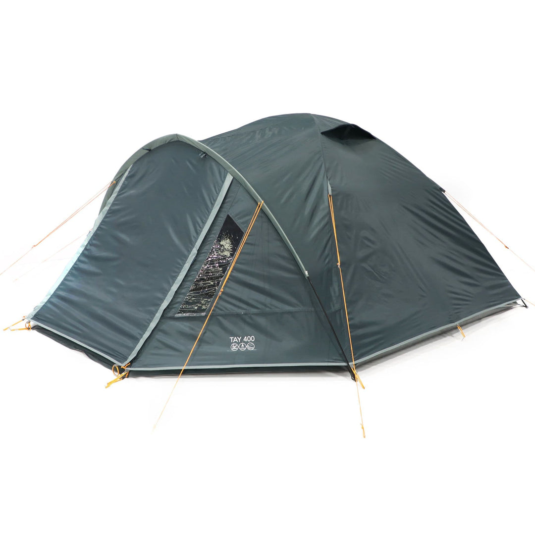 External side view of the Vango Tay 400 tent with the door closed, demonstrating its robust design and waterproof features for festival and group camping.