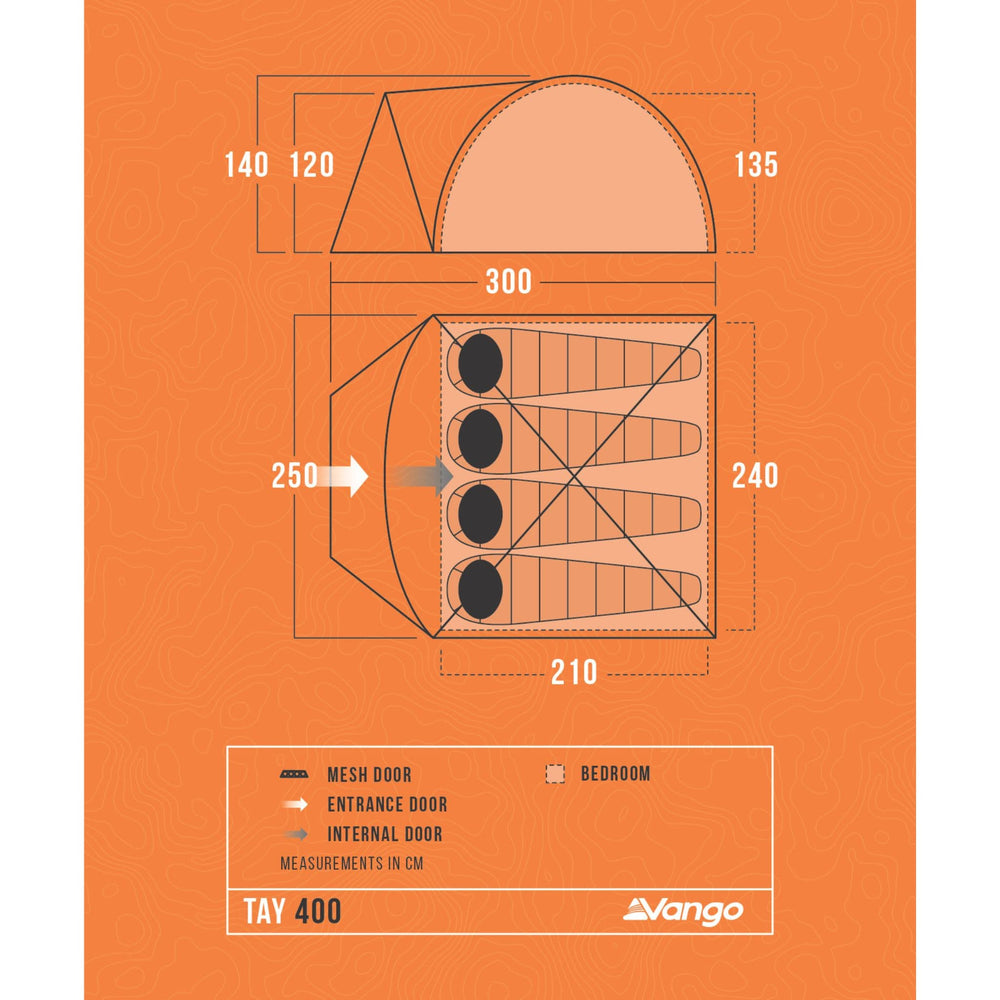 Floorplan of the Vango Tay 400 tent, showing dimensions and layout for 4 occupants, perfect for festivals and weekend getaways.