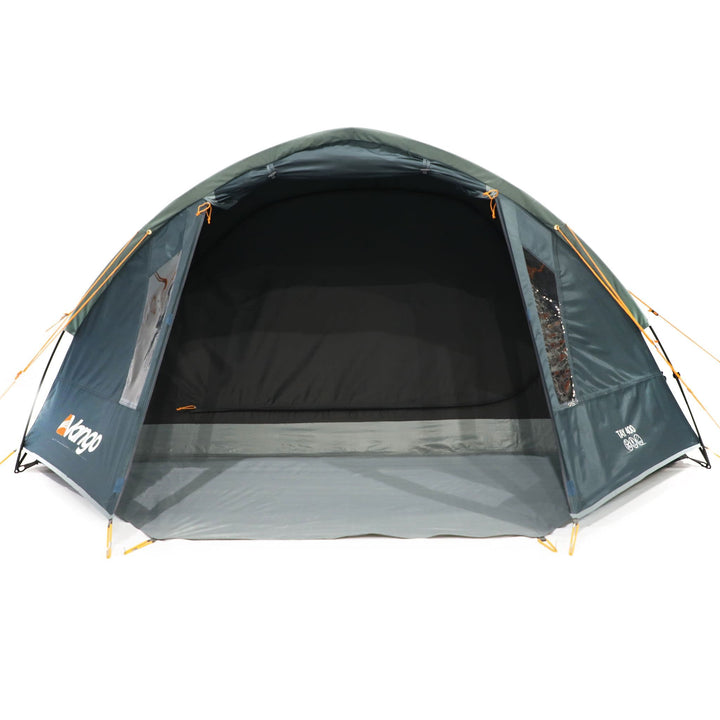 Front view of the Vango Tay 400 tent with the door open, showcasing the spacious living area and entryway, ideal for group or festival camping.