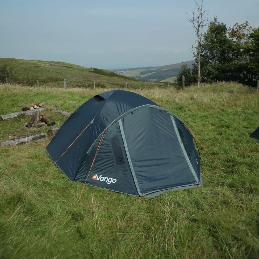 Angled side view of the Vango Tay 400 4-man tent pitched in a grassy outdoor setting, ideal for festivals, showcasing its durable fabric and secure guy ropes.