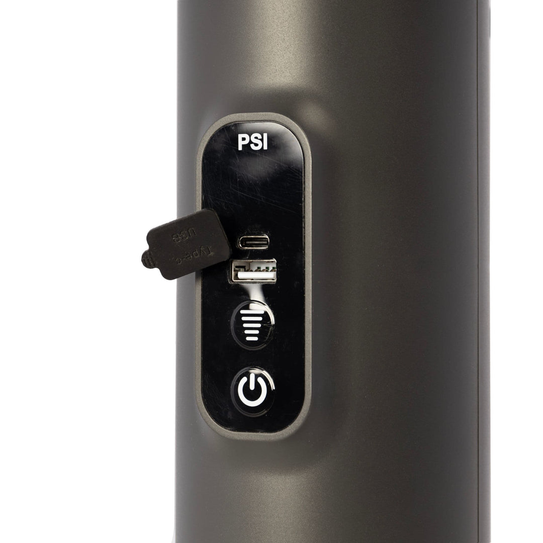 Detailed view of the Vango Tempest AirBeam pump controls, featuring the PSI display, power button, and USB charging port.