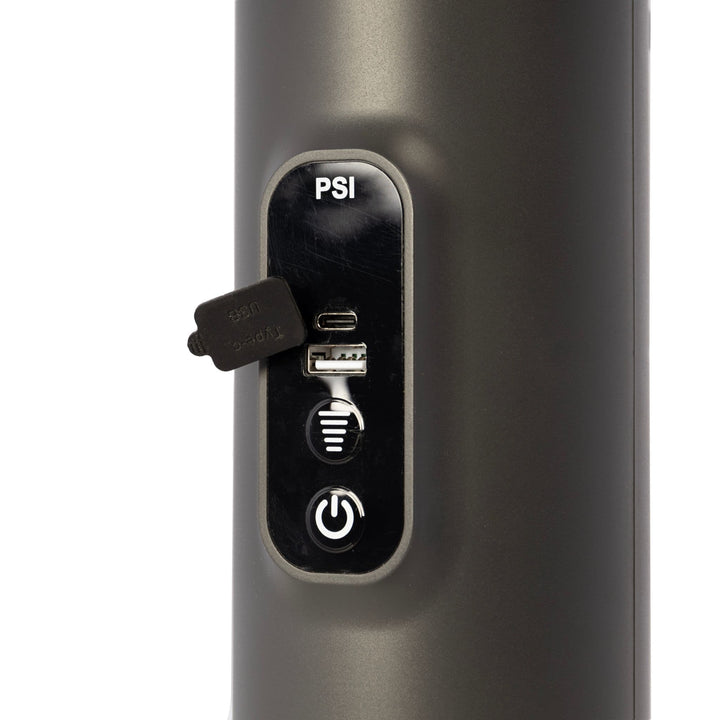 Detailed view of the Vango Tempest AirBeam pump controls, featuring the PSI display, power button, and USB charging port.