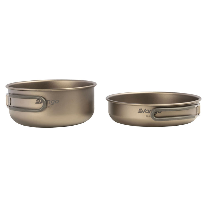 Vango Titanium 2 Piece Cook Set, showcasing durable titanium camping pots with compact, foldable handles.