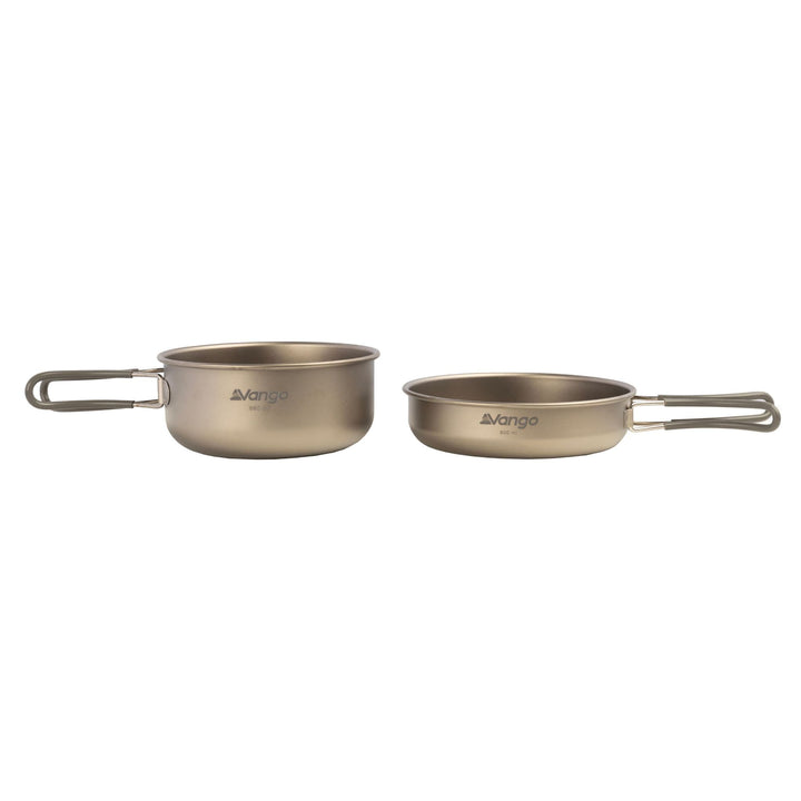 Vango Titanium 2 Piece Cook Set with folding handles - lightweight camping cookware for outdoor cooking.