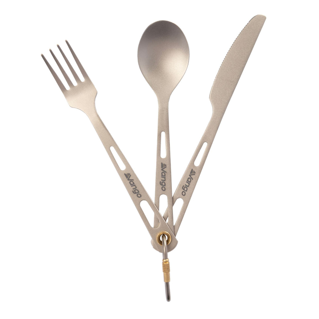 Vango Titanium cutlery set including a fork, spoon, and knife attached with a carabiner. Lightweight camping utensils for hiking and outdoor cooking.