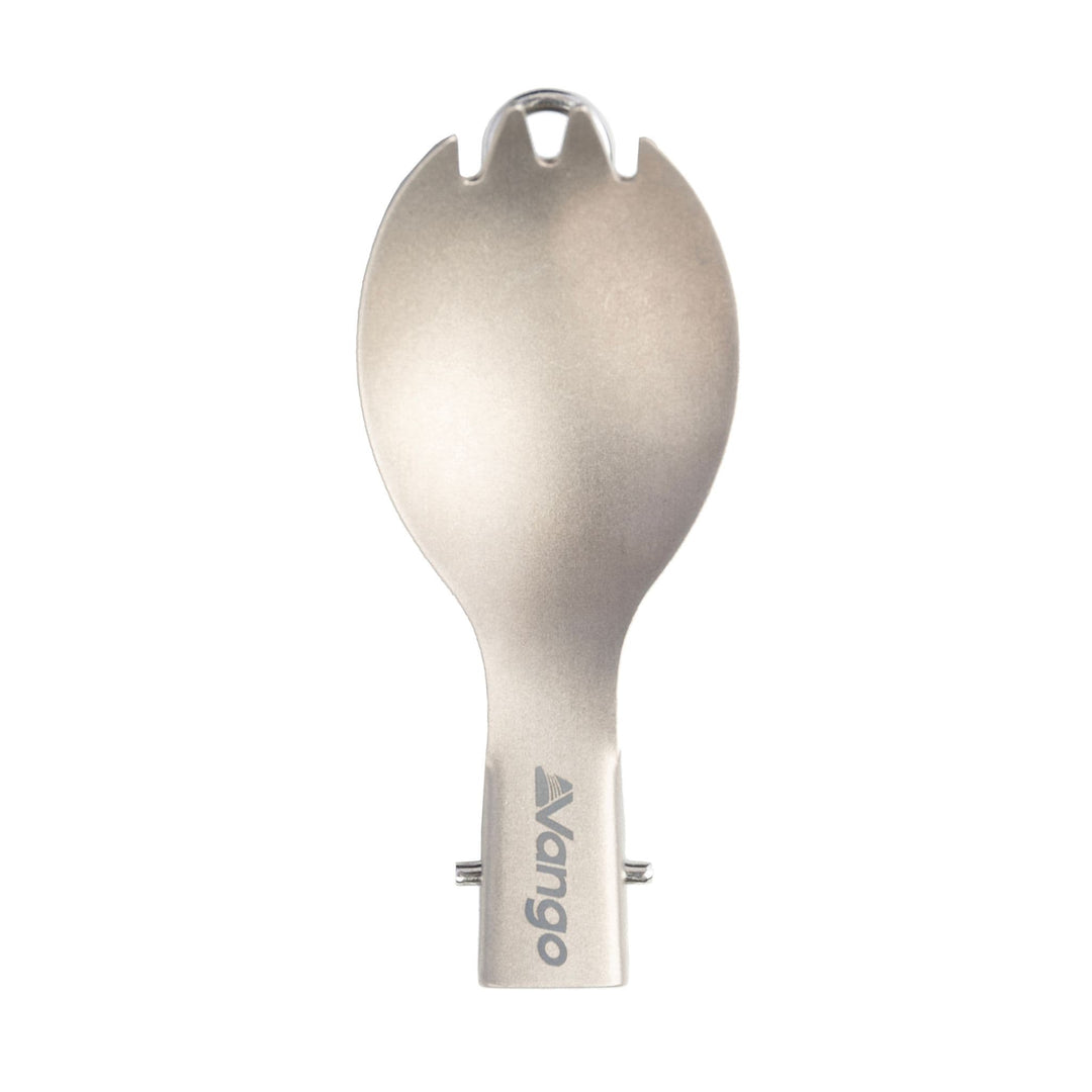 Vango Titanium Folding Spork folded shown from the front. Compact and lightweight camping utensil for outdoor use.