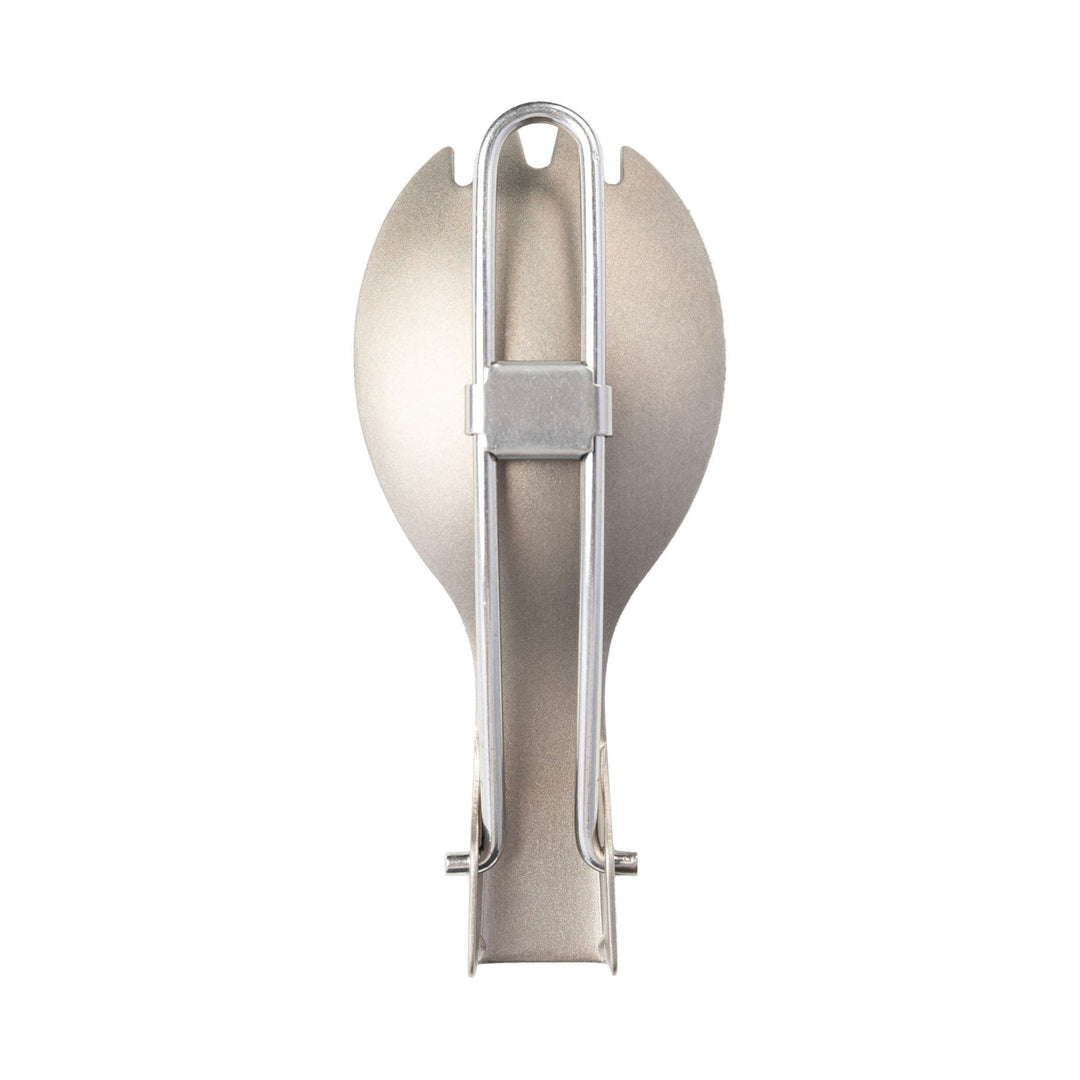 Vango Titanium Spork folded and viewed from the rear. Portable, lightweight titanium folding spork for camping.