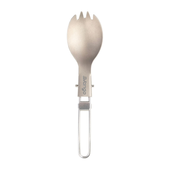 Vango Titanium Spork in an open position. Folding camping spork made from lightweight titanium for compact camping cutlery.