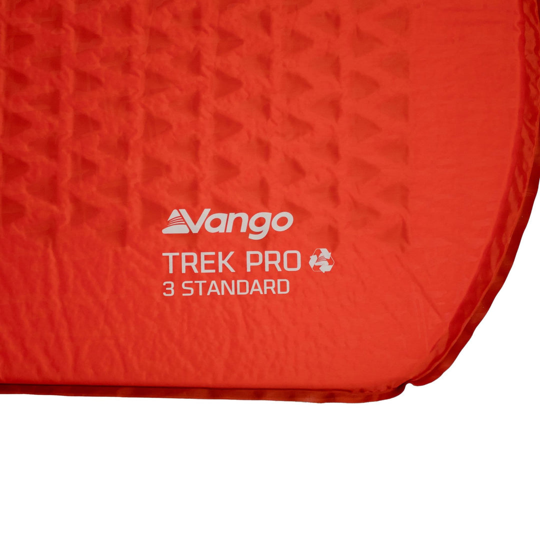 Close-up of the corner design and logo on the Vango Trek Pro 3 Standard camping mat.