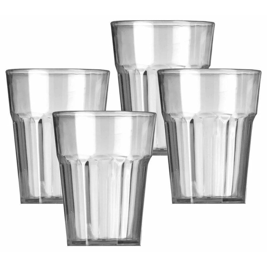 Close-up of Vango Tumblers clear set of 4, essential camping tableware for outdoor dining and picnics.