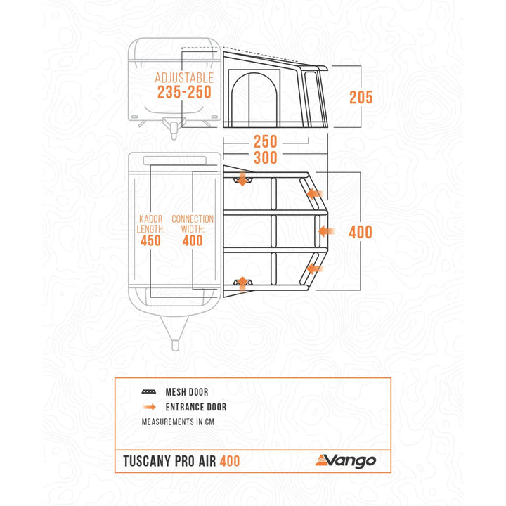 Technical dimension diagram of a Vango Tuscany Pro Air 400 Caravan Awning, showing front and side profile measurements in centimeters with orange labels on a white background.