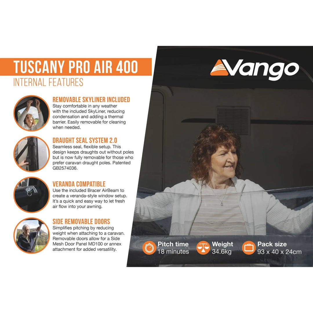 Internal features card for the Vango Tuscany Pro Air 400 car window air conditioner. The card features product specs, internal features with icons, and a lifestyle photo of a woman opening the side removable door inside a car.
