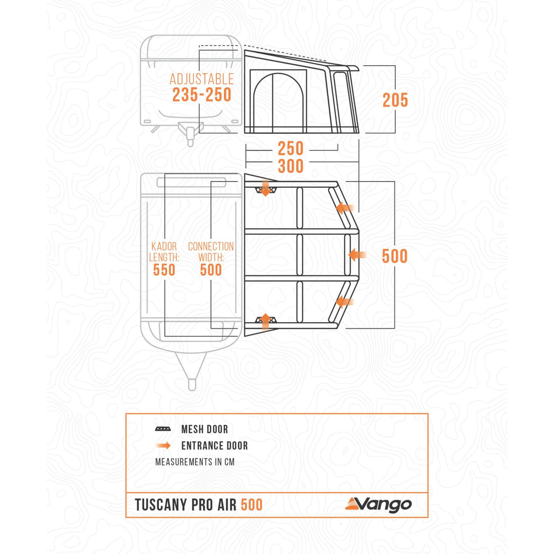 Technical dimension diagram of a Vango Tuscany Pro Air 500 Caravan Awning mesh door canopy, showing front and side measurements in centimeters with orange labels and arrows on a white background.