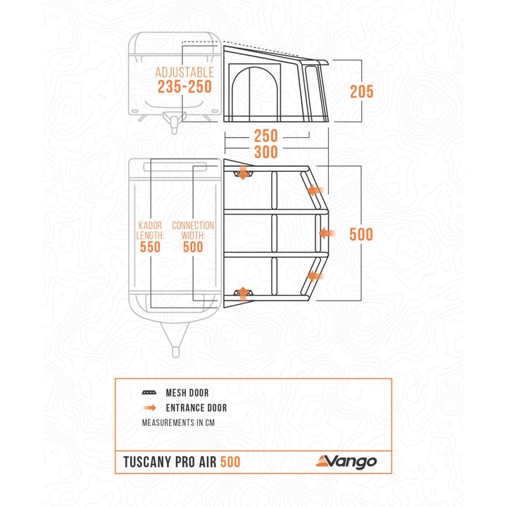 Technical dimension diagram of a Vango Tuscany Pro Air 500 Caravan Awning mesh door canopy, showing front and side measurements in centimeters with orange labels and arrows on a white background.