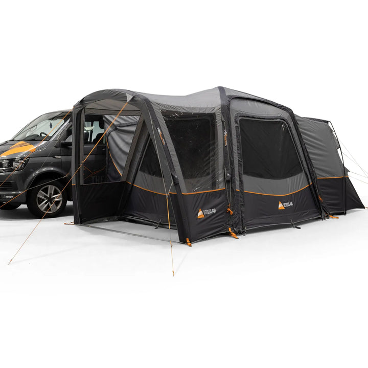 Vango Versos Air Low Drive-Away Awning set up beside a VW campervan awning, featuring large windows and an extended entrance for extra space.