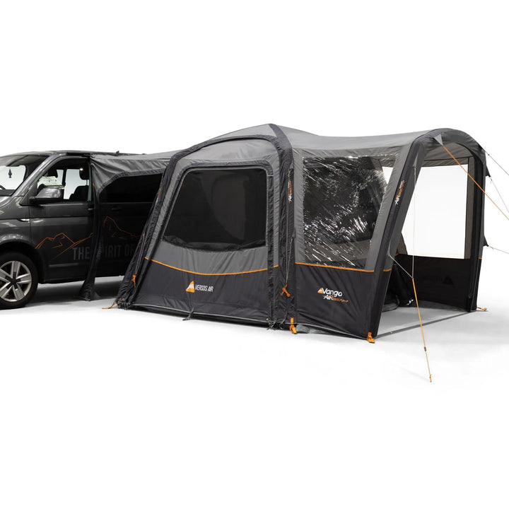 Side view of the Vango Versos Air Low campervan awning, showcasing its spacious design, clear windows, and durable fabric.