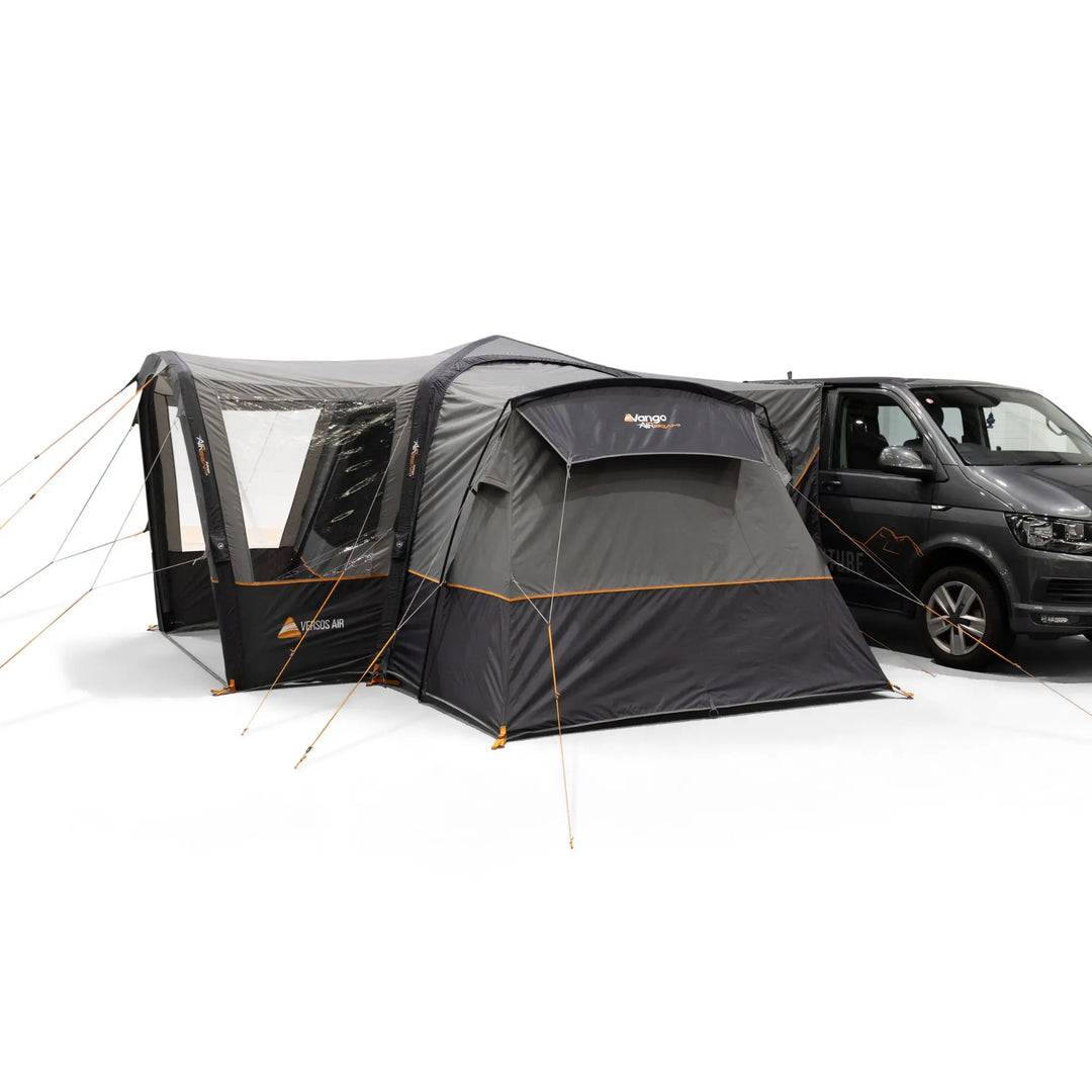 Indoor studio view of the Vango Versos Air Low Drive-Away Awning, highlighting its modular design and secure campervan connection.