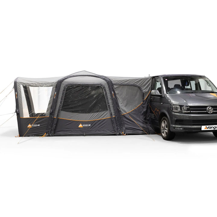 Side view of the Vango Versos Air Low awning connected to a VW campervan, displaying its multiple entry points and weather protection.