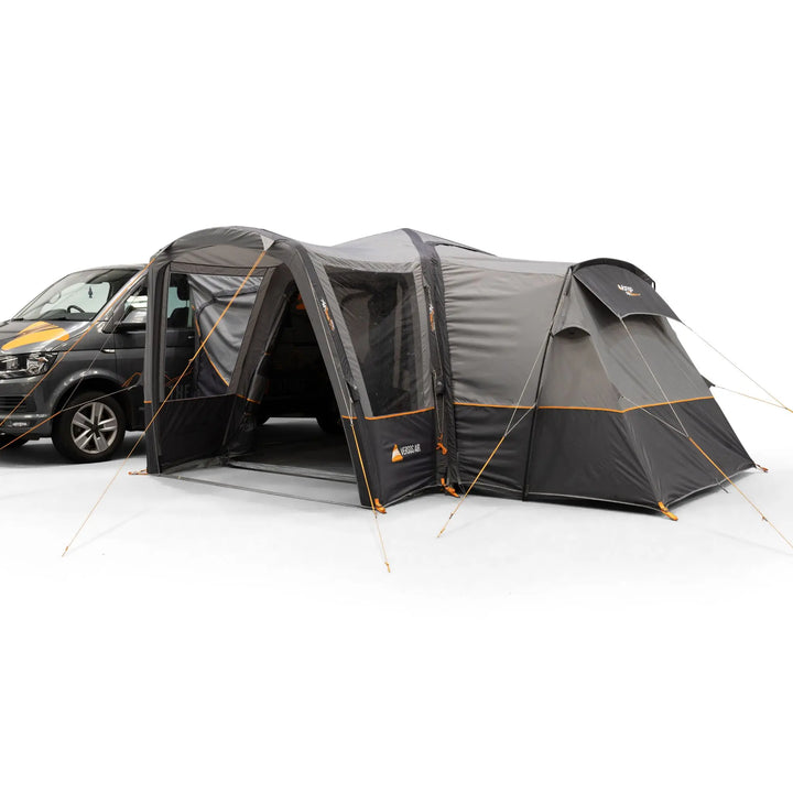 Open entrance view of the Vango Versos Air Low Drive-Away Awning, emphasizing its spacious layout, ventilation, and high-quality materials.