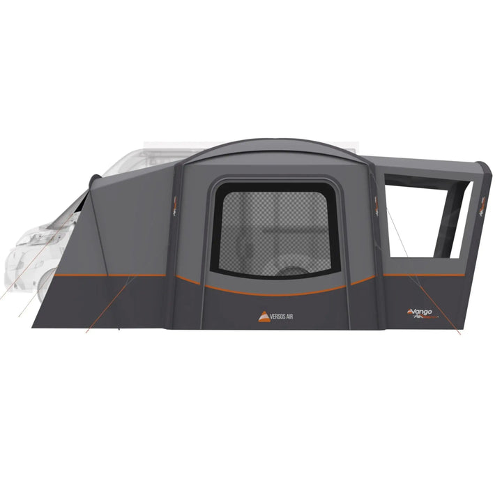 Side view of the Vango Versos Air Mid drive-away awning, featuring mesh windows for ventilation, durable 150D Sentinel Active canvas and secure attachment to a campervan.