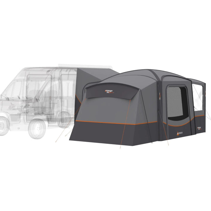 Rear perspective of the Vango Versos Air Mid campervan awning, showing the connection to the vehicle, extendable space, and waterproof material.