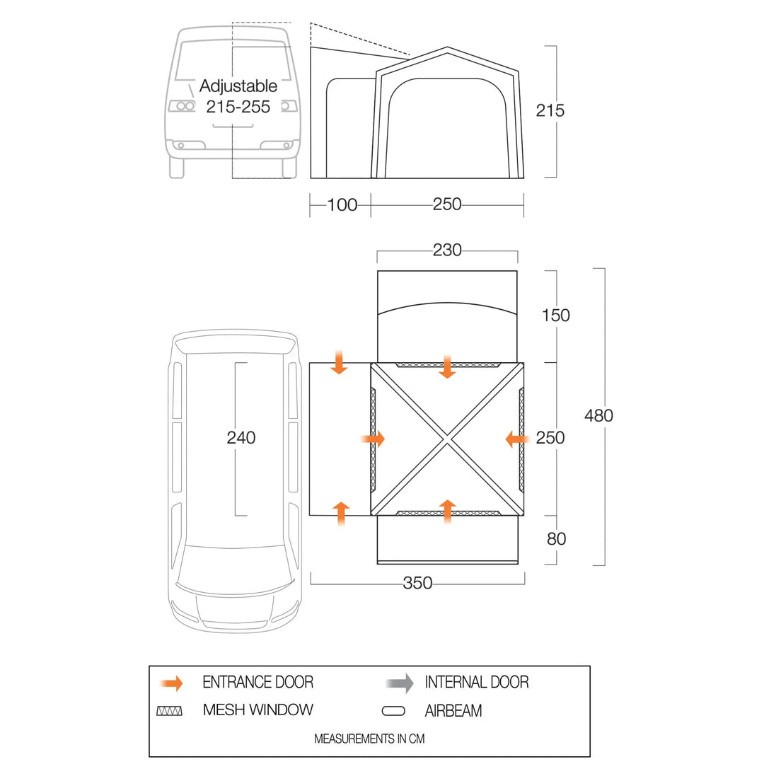 Floorplan displaying the Vango Versos Air Mid drive-away awning dimensions, entrance points, and ventilation windows.