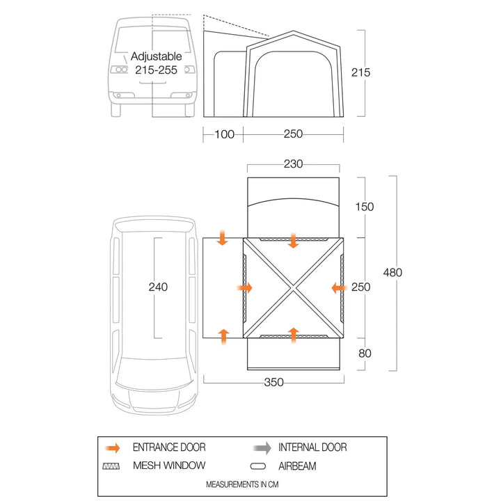 Floorplan displaying the Vango Versos Air Mid drive-away awning dimensions, entrance points, and ventilation windows.