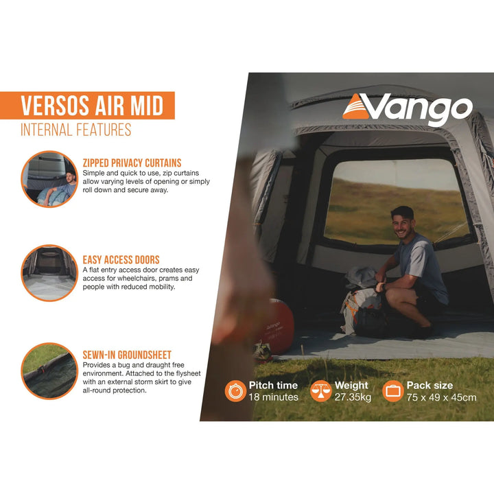 Infographic detailing Vango Versos Air Mid awning's internal features, including zipped privacy curtains, easy-access doors, and a sewn-in groundsheet.