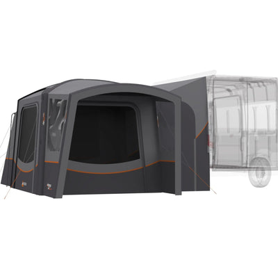 Vango Versos Air Mid inflatable drive-away awning attached to a campervan, offering extra living space with large panoramic windows and weather-resistant fabric.