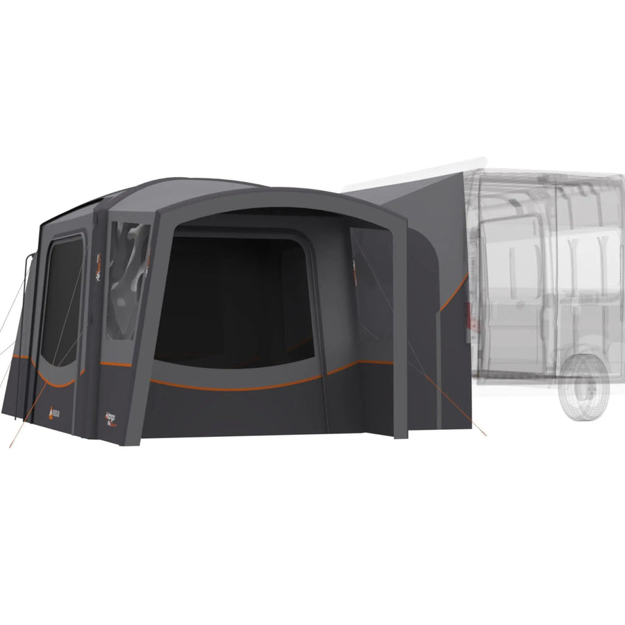 Vango Versos Air Mid inflatable drive-away awning attached to a campervan, offering extra living space with large panoramic windows and weather-resistant fabric.