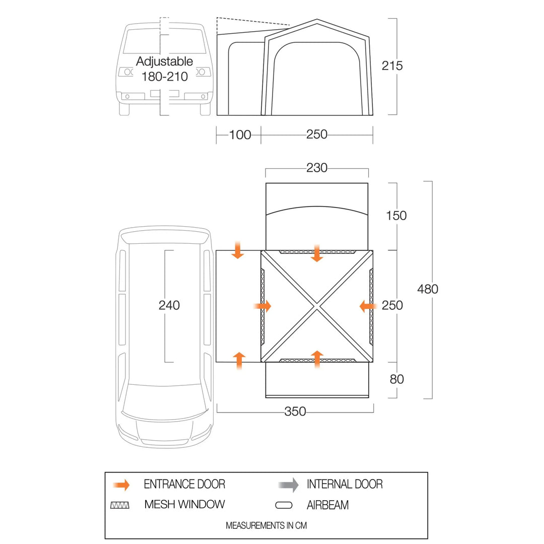 Floorplan of the Vango Versos Aor Drive away awning.  Designed for VW campervans, showing measurements, entrance doors, and airbeam structure.