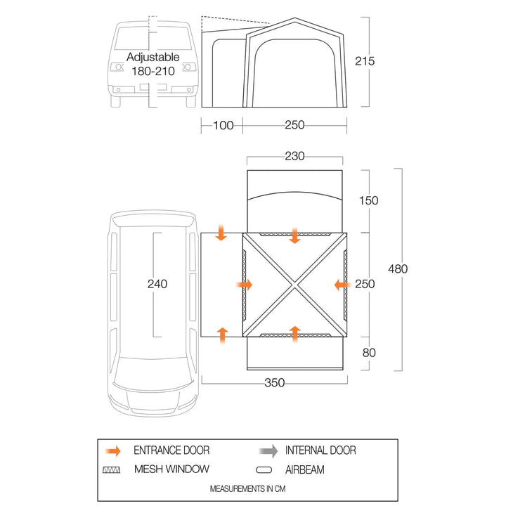 Floorplan of the Vango Versos Aor Drive away awning.  Designed for VW campervans, showing measurements, entrance doors, and airbeam structure.