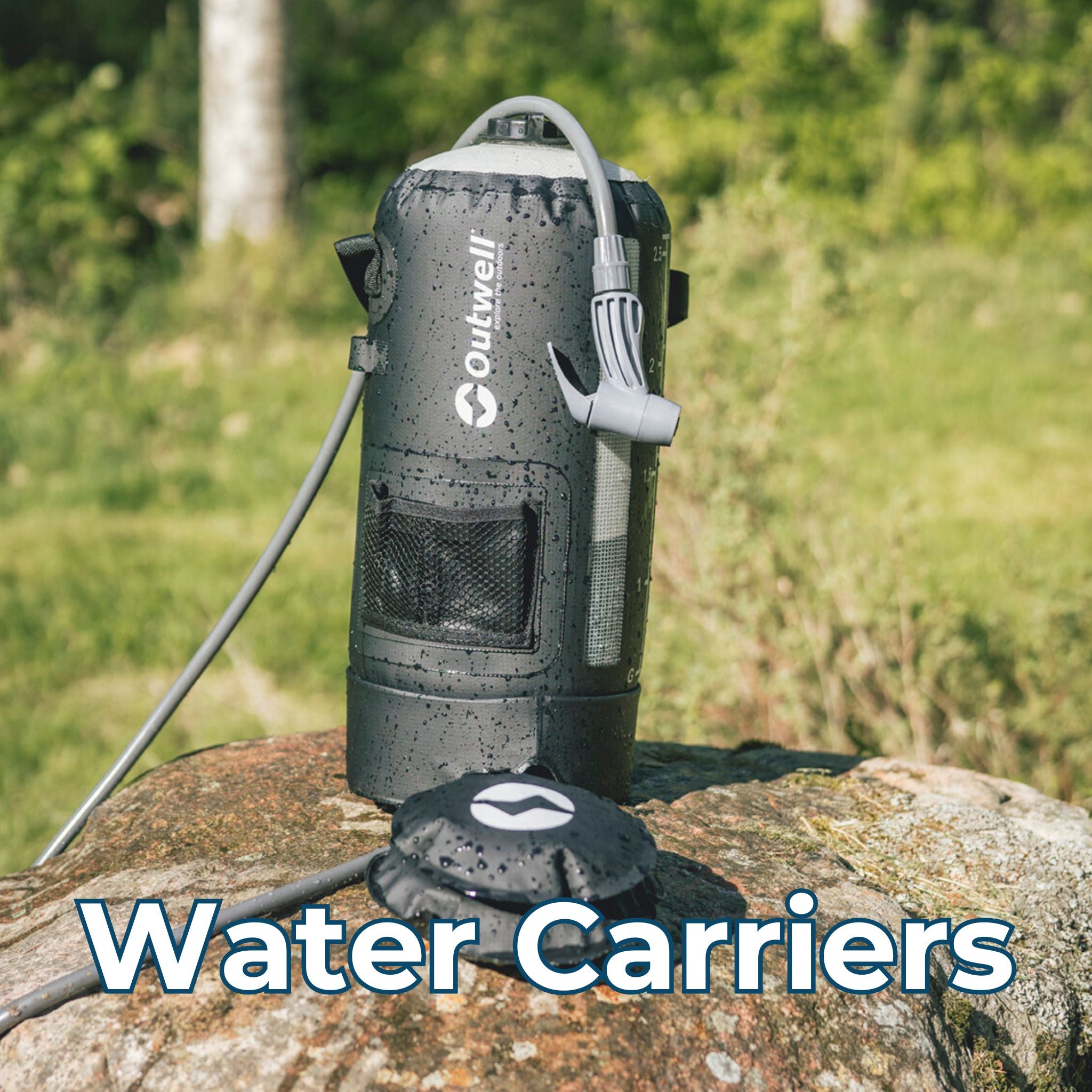 Water Carriers – An Outwell portable water carrier with a shower hose, placed on a rock outdoors with water droplets on the surface.