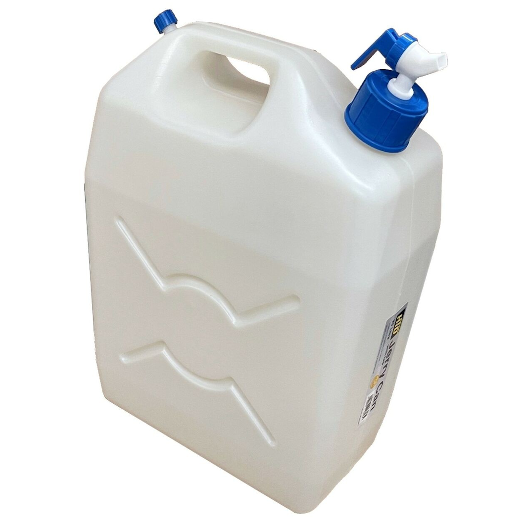 A white 25L Jerry can with a blue cap and tap, designed for water storage and dispensing.