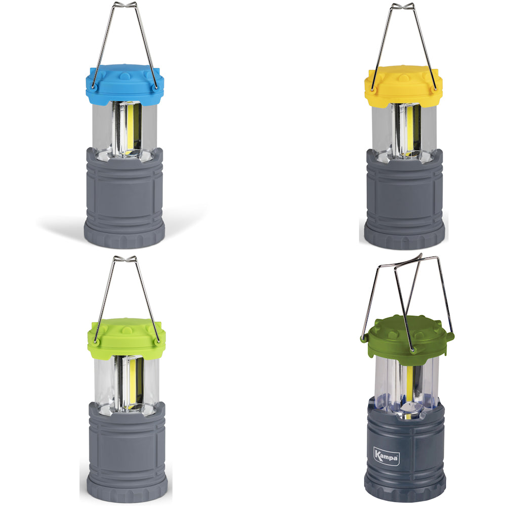 A collection of Kampa Flare LED Lanterns in various colors (blue, yellow, green, and gray). They all feature a collapsible design and are powered by batteries.