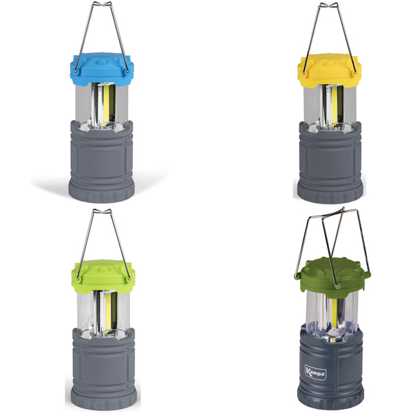 A collection of Kampa Flare LED Lanterns in various colors (blue, yellow, green, and gray). They all feature a collapsible design and are powered by batteries.