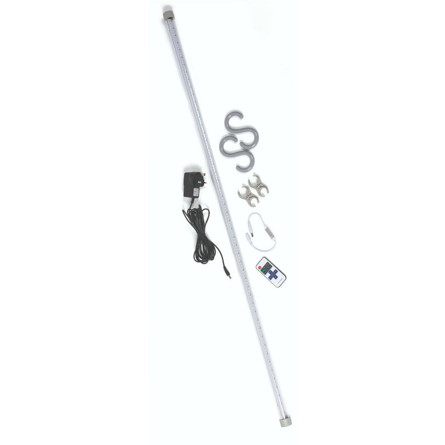Kampa Sabrelink LED light starter kit including a long LED light bar, a remote control, a power cable, and mounting hardware such as S-hooks and a mains adaptor.