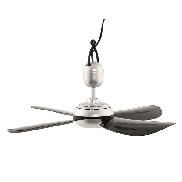 A black Outwell Christianos Camping Fan with hanging cord and integral hook, displayed against a white background.